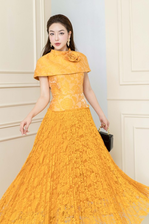 Sixdo Yellow Cape Midi Brocade Dress